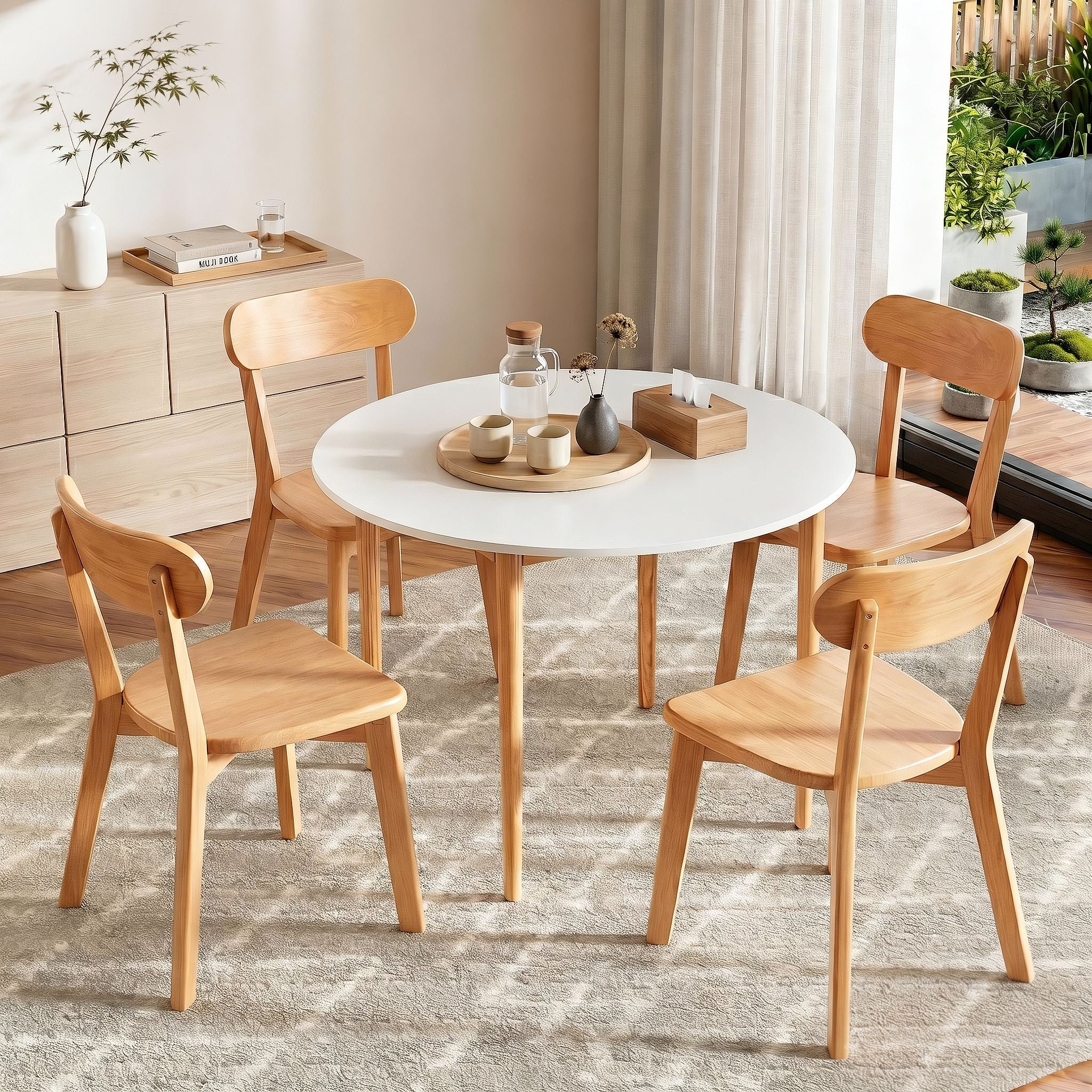 Round Dining Table and Chairs Set 5 PCS, 108cm Compact Kitchen Table Set with Solid Pine Wood Legs & 4 Ergonomic Rubber Wood Chairs,White Timber Dining Set for Small Space - Furniture > Dining > Dining Set - Rivercity House & Home Co. (ABN 18 642 972 209) - Affordable Modern Furniture Australia