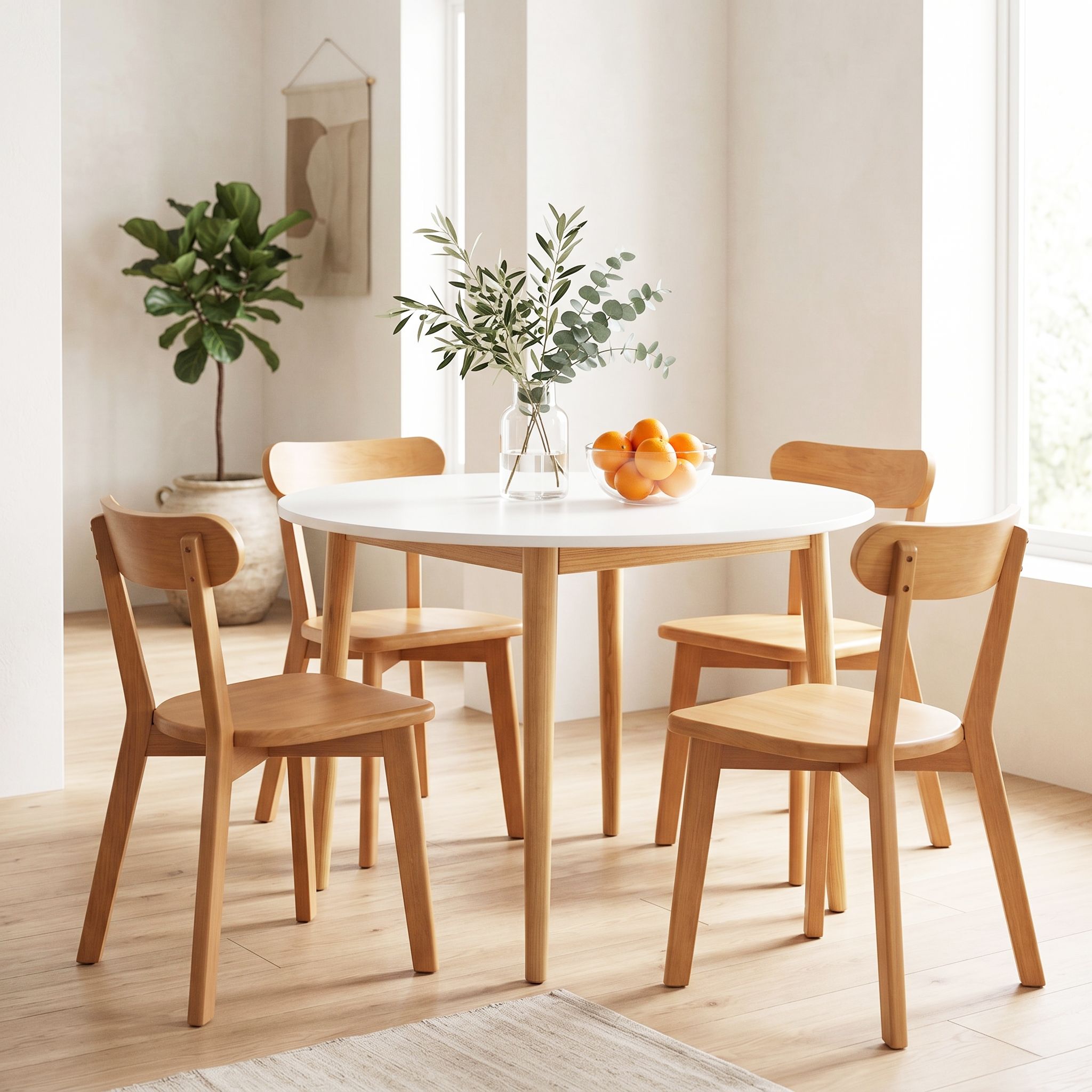 Round Dining Table and Chairs Set 5 PCS, 108cm Compact Kitchen Table Set with Solid Pine Wood Legs & 4 Ergonomic Rubber Wood Chairs,White Timber Dining Set for Small Space - Furniture > Dining > Dining Set - Rivercity House & Home Co. (ABN 18 642 972 209) - Affordable Modern Furniture Australia