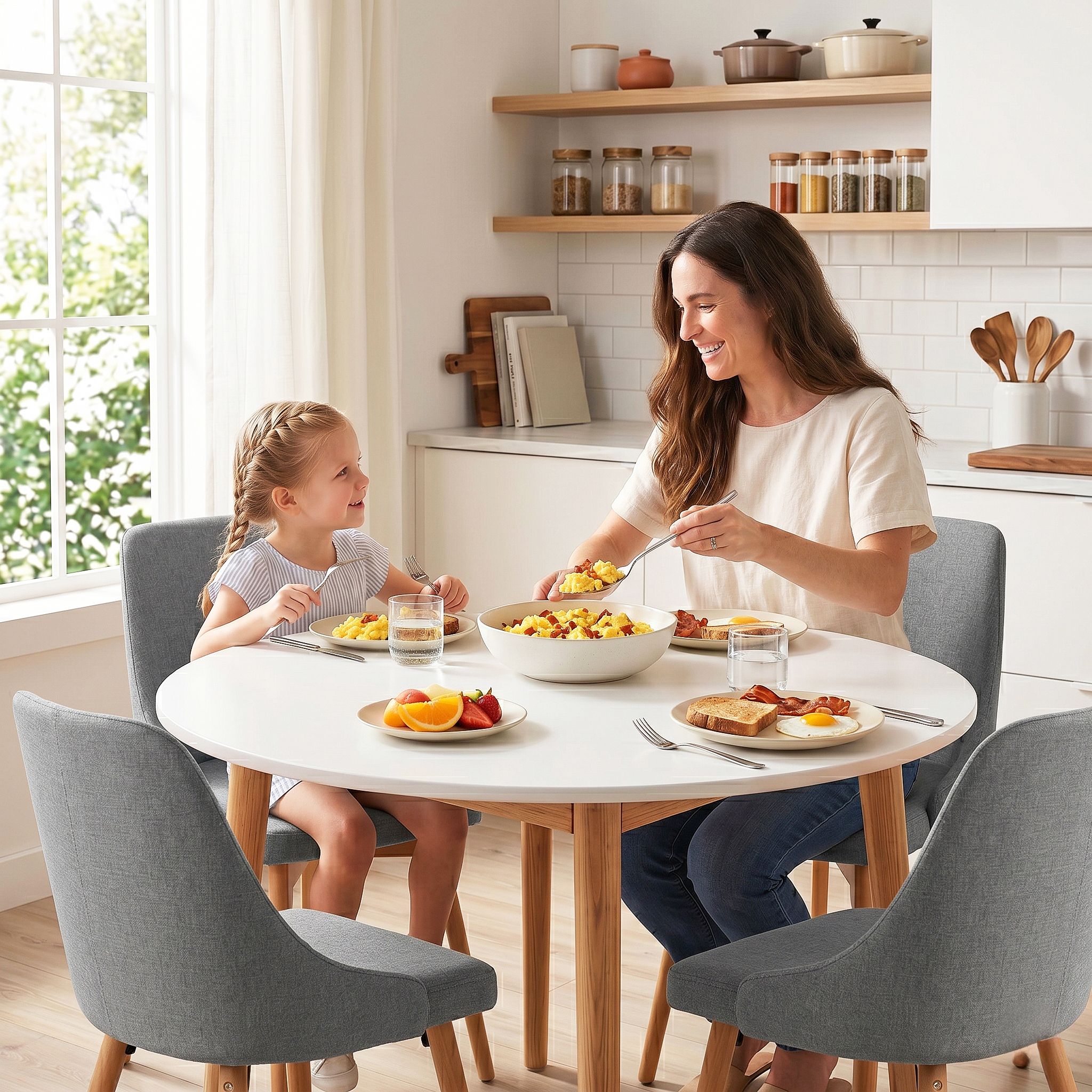 Round Dining Table and Chairs Set 5pcs Compact Kitchen Furniture White Natural Wood & Grey - Furniture > Dining > Dining Set - Rivercity House & Home Co. (ABN 18 642 972 209) - Affordable Modern Furniture Australia