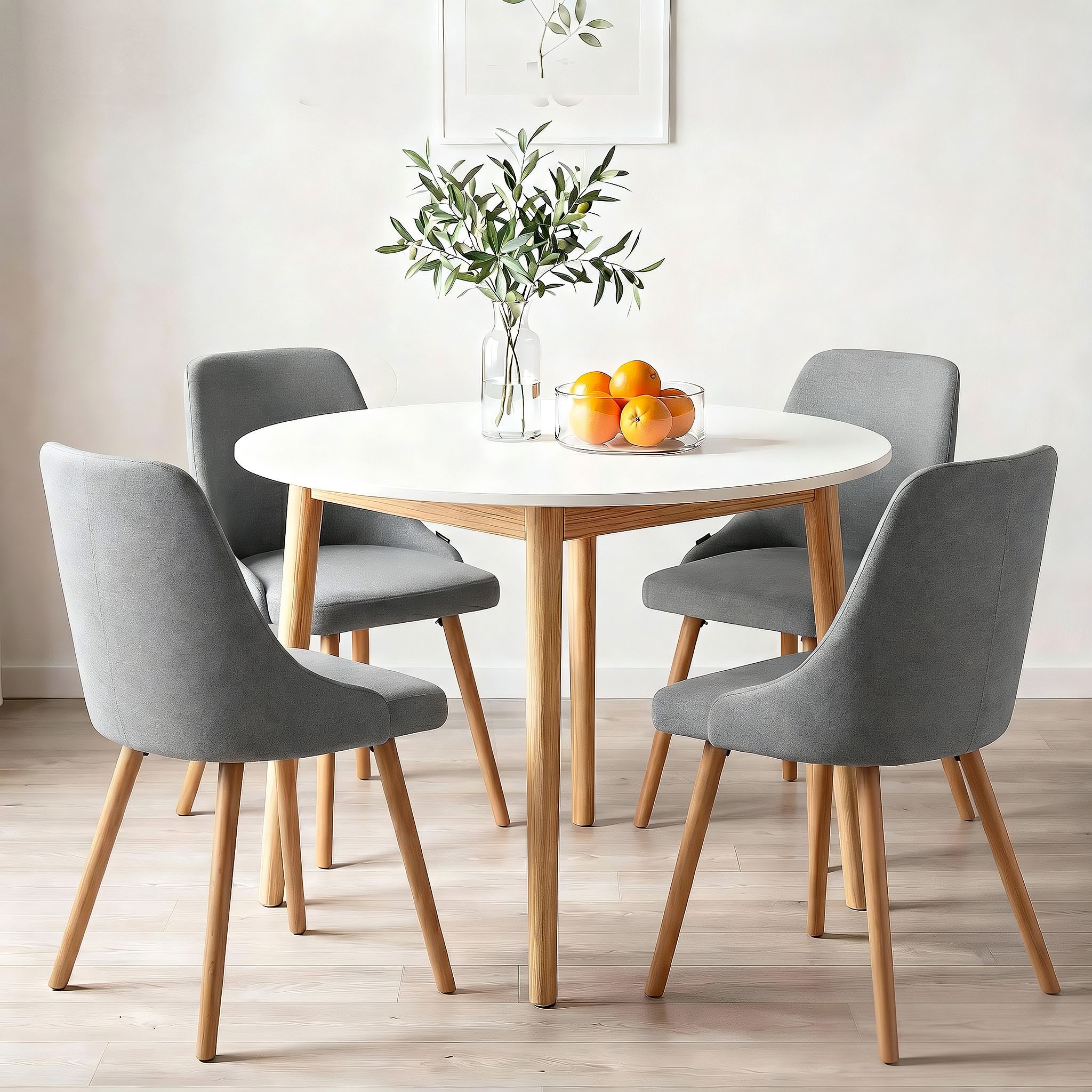 Round Dining Table and Chairs Set 5pcs Compact Kitchen Furniture White Natural Wood & Grey - Furniture > Dining > Dining Set - Rivercity House & Home Co. (ABN 18 642 972 209) - Affordable Modern Furniture Australia
