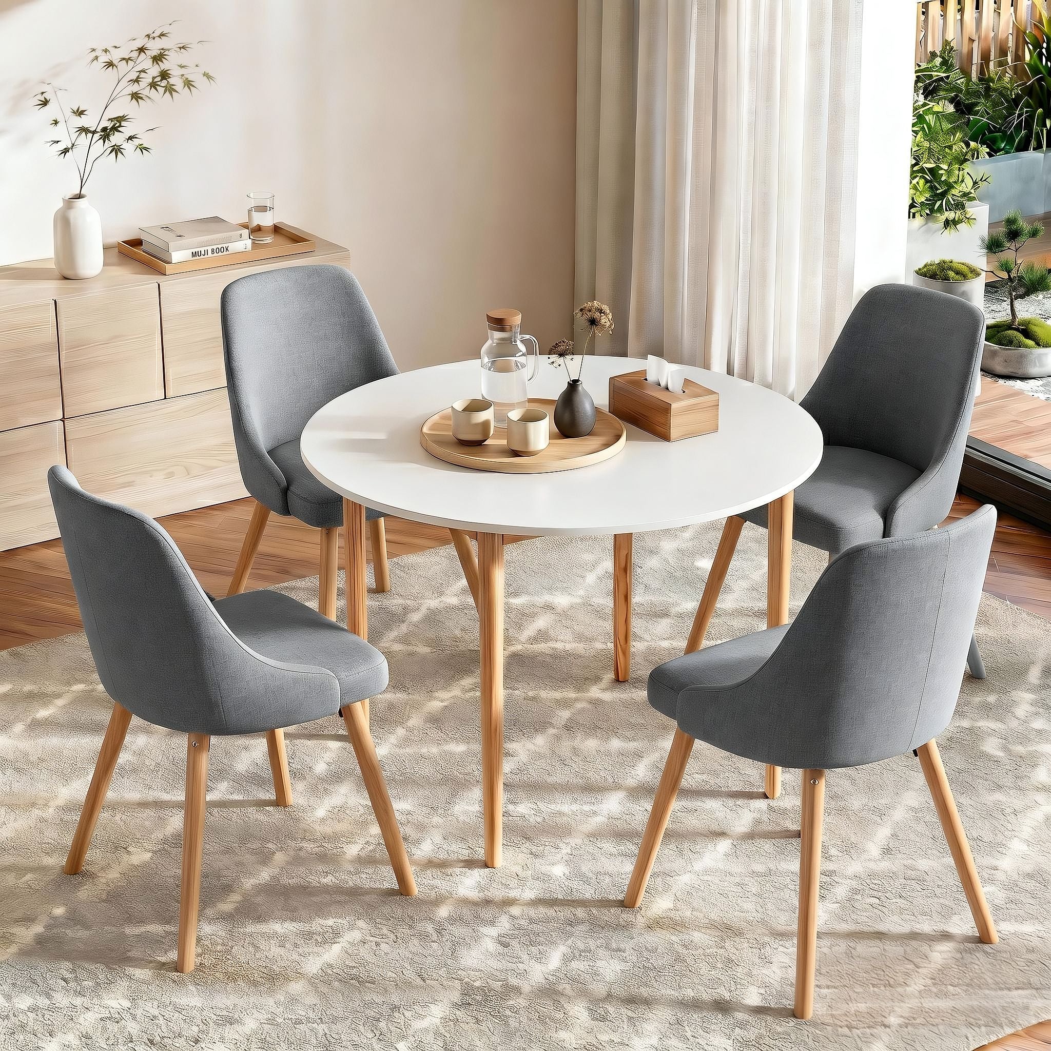 Round Dining Table and Chairs Set 5pcs Compact Kitchen Furniture White Natural Wood & Grey - Furniture > Dining > Dining Set - Rivercity House & Home Co. (ABN 18 642 972 209) - Affordable Modern Furniture Australia