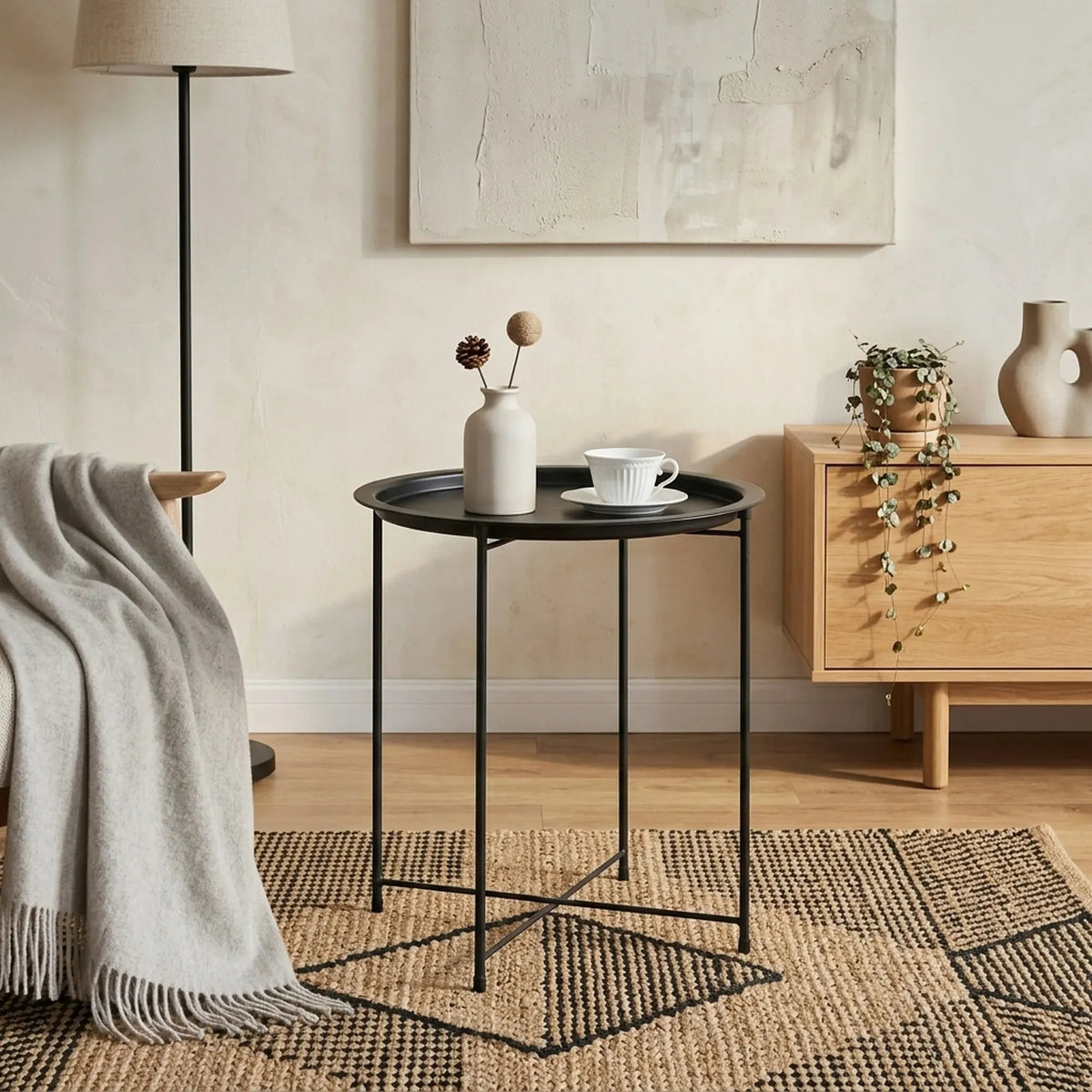 Round Metal Tray Top Side Table 47cm Diameter - Black - Furniture > Sofas > Sofa Accessories - Rivercity House & Home Co. (ABN 18 642 972 209) - Affordable Modern Furniture Australia