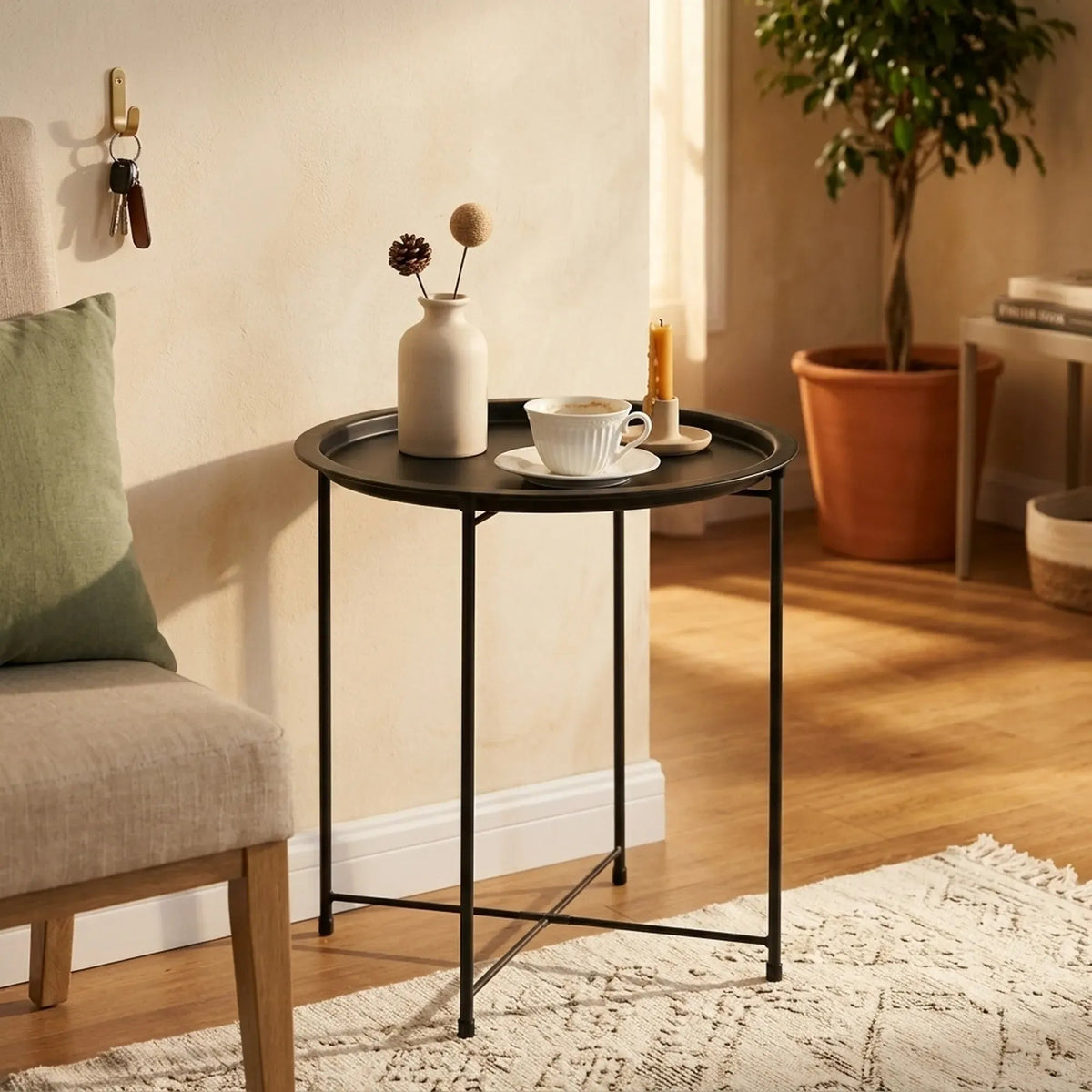 Round Metal Tray Top Side Table 47cm Diameter - Black - Furniture > Sofas > Sofa Accessories - Rivercity House & Home Co. (ABN 18 642 972 209) - Affordable Modern Furniture Australia