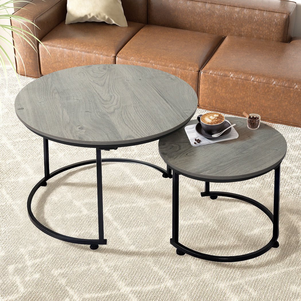 Round Nesting Coffee Table Set with Wood Grain Top and Metal Frame - Grey - Rivercity House & Home Co. (ABN 18 642 972 209) - Affordable Modern Furniture Australia