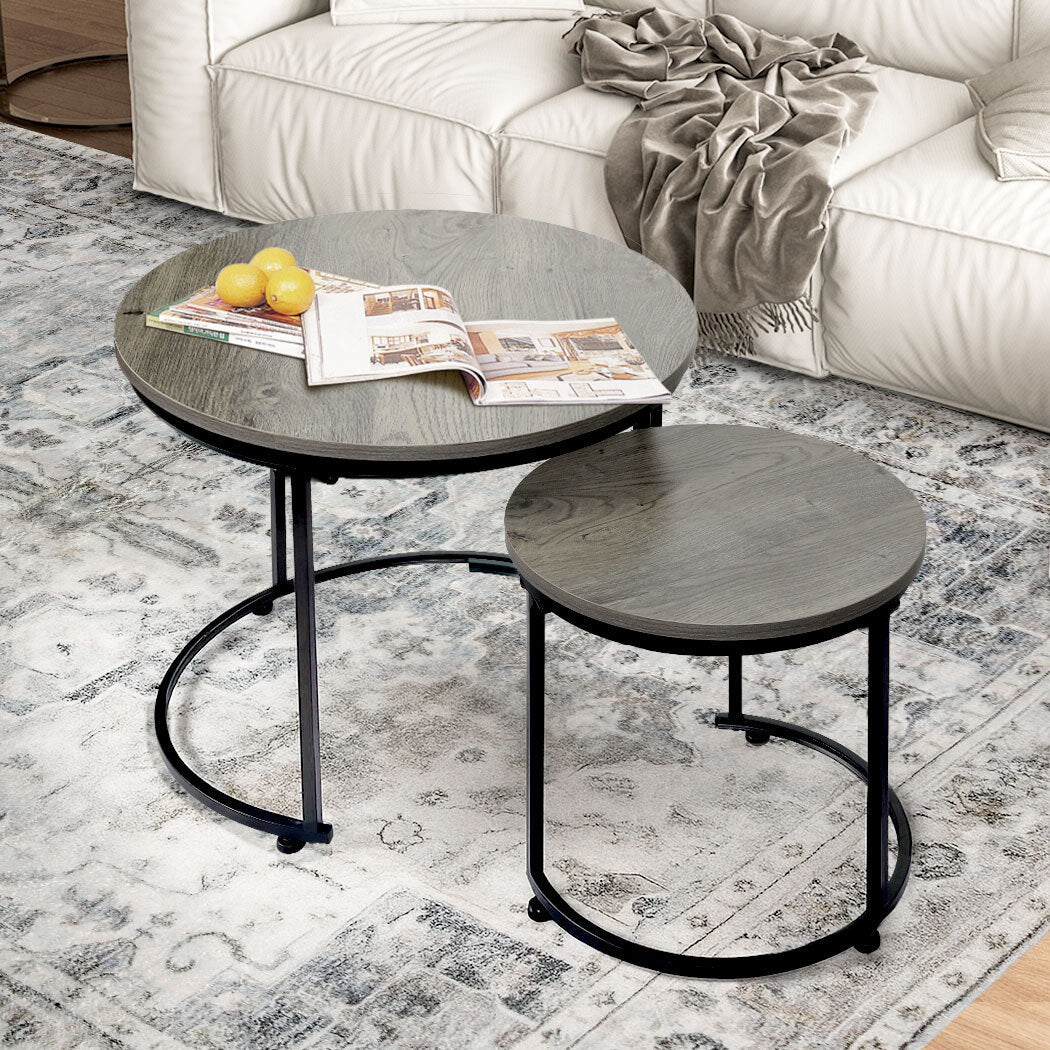 Round Nesting Coffee Table Set with Wood Grain Top and Metal Frame - Grey - Rivercity House & Home Co. (ABN 18 642 972 209) - Affordable Modern Furniture Australia