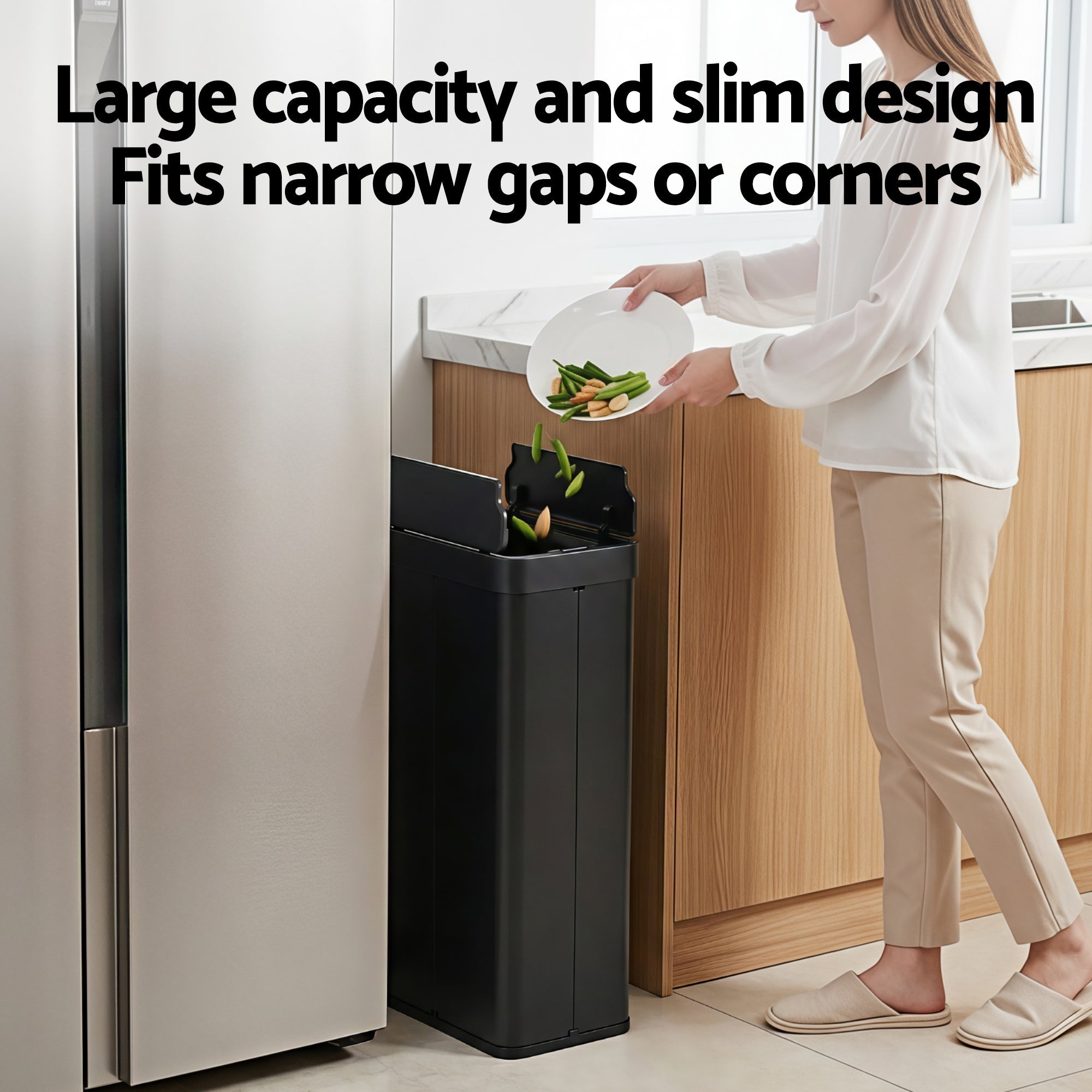 Rubbish Bin 70L Automatic Sensor Kitchen Bin, Slim Smart Garbage Can Touchless Rectangular with Liner Holder, Fully Closed Lid for Bedroom, Bathroom, Living Room, Black - Home & Garden > Kitchen Bins > Automatic Bins - Rivercity House & Home Co. (ABN 18 642 972 209) - Affordable Modern Furniture Australia