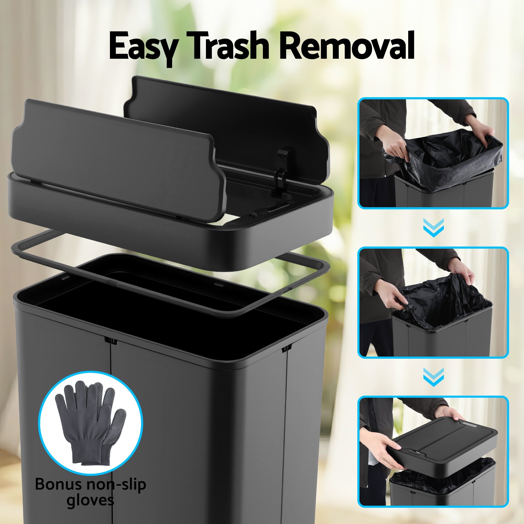 Rubbish Bin 70L Automatic Sensor Kitchen Bin, Slim Smart Garbage Can Touchless Rectangular with Liner Holder, Fully Closed Lid for Bedroom, Bathroom, Living Room, Black - Home & Garden > Kitchen Bins > Automatic Bins - Rivercity House & Home Co. (ABN 18 642 972 209) - Affordable Modern Furniture Australia