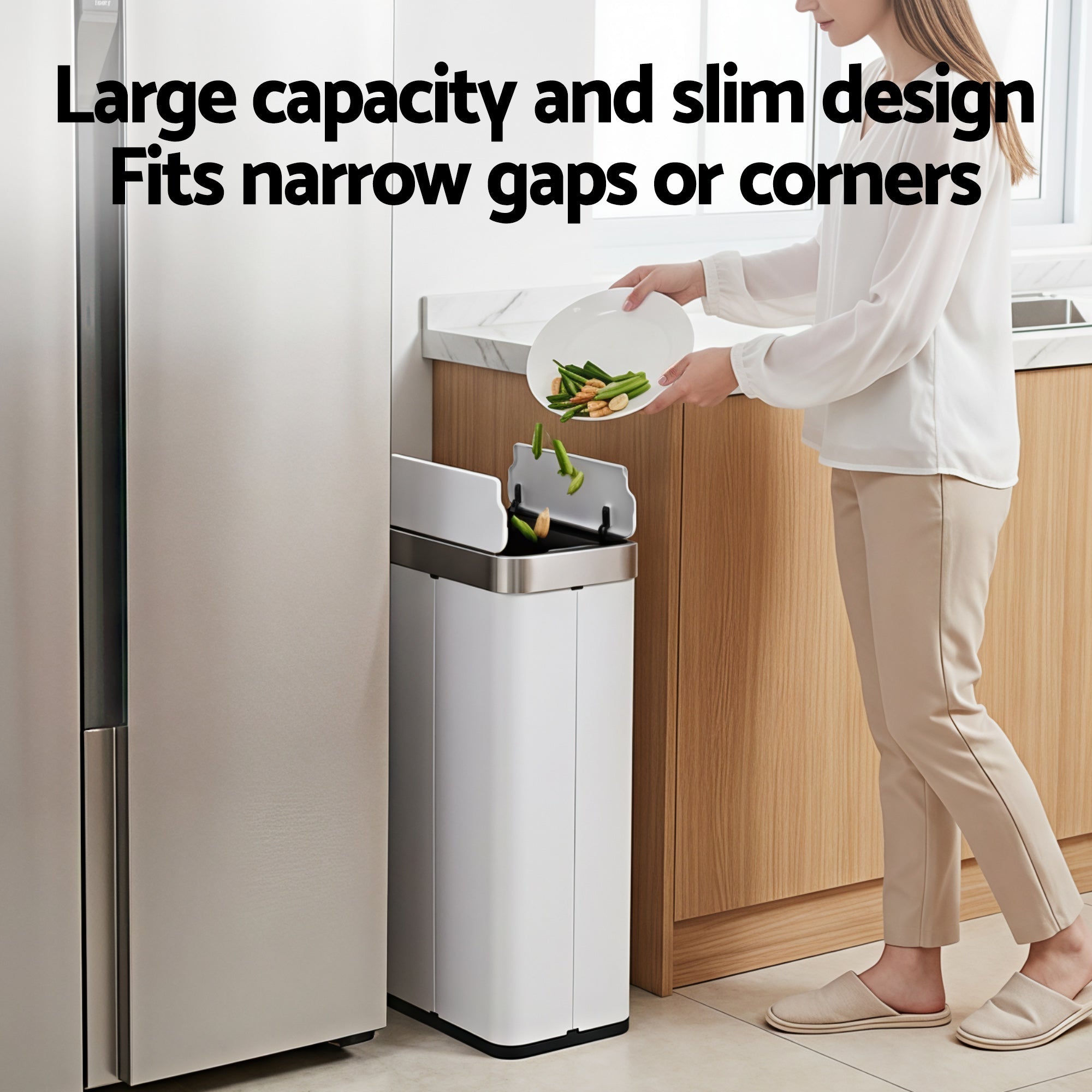 Rubbish Bin 70L Automatic Sensor Kitchen Bin, Slim Smart Garbage Can Touchless Rectangular with Liner Holder, Fully Closed Lid for Bedroom, Bathroom, Living Room, White - Home & Garden > Kitchen Bins > Automatic Bins - Rivercity House & Home Co. (ABN 18 642 972 209) - Affordable Modern Furniture Australia