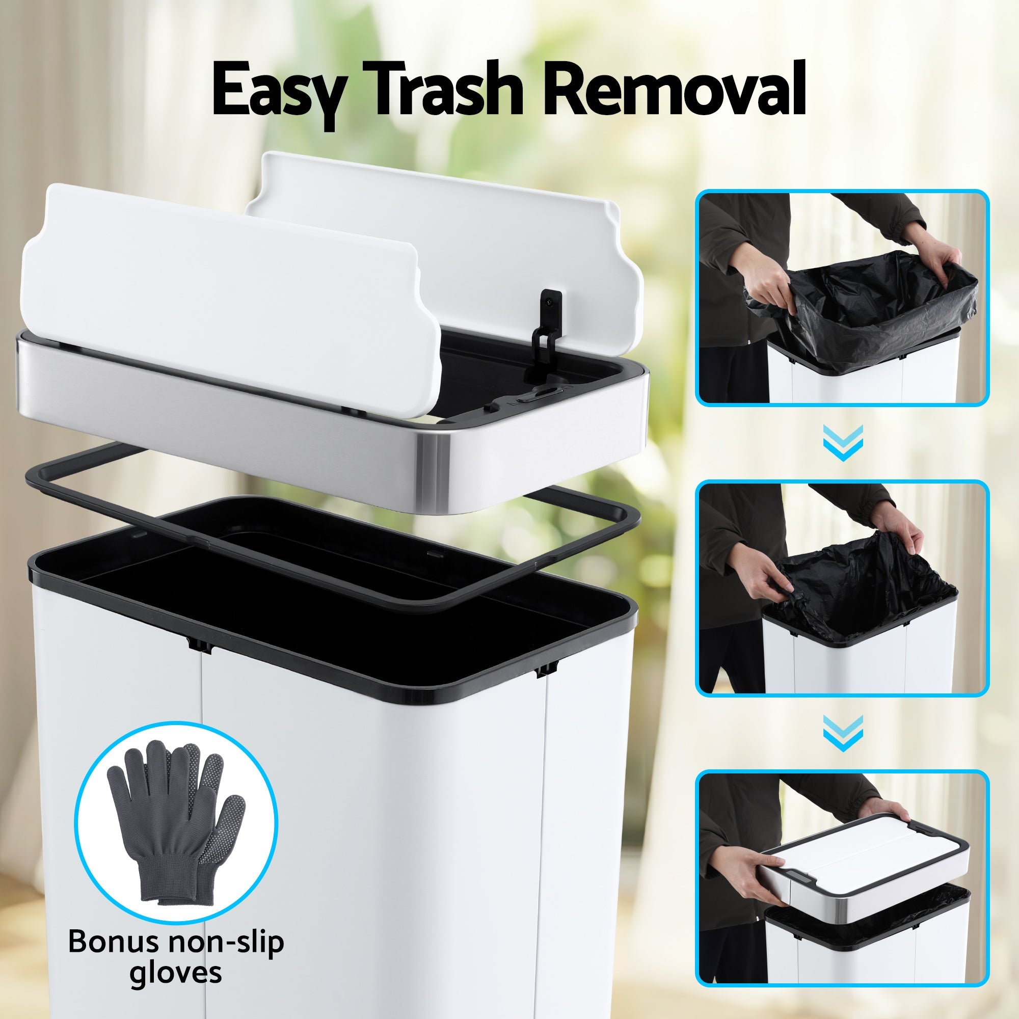 Rubbish Bin 70L Automatic Sensor Kitchen Bin, Slim Smart Garbage Can Touchless Rectangular with Liner Holder, Fully Closed Lid for Bedroom, Bathroom, Living Room, White - Home & Garden > Kitchen Bins > Automatic Bins - Rivercity House & Home Co. (ABN 18 642 972 209) - Affordable Modern Furniture Australia