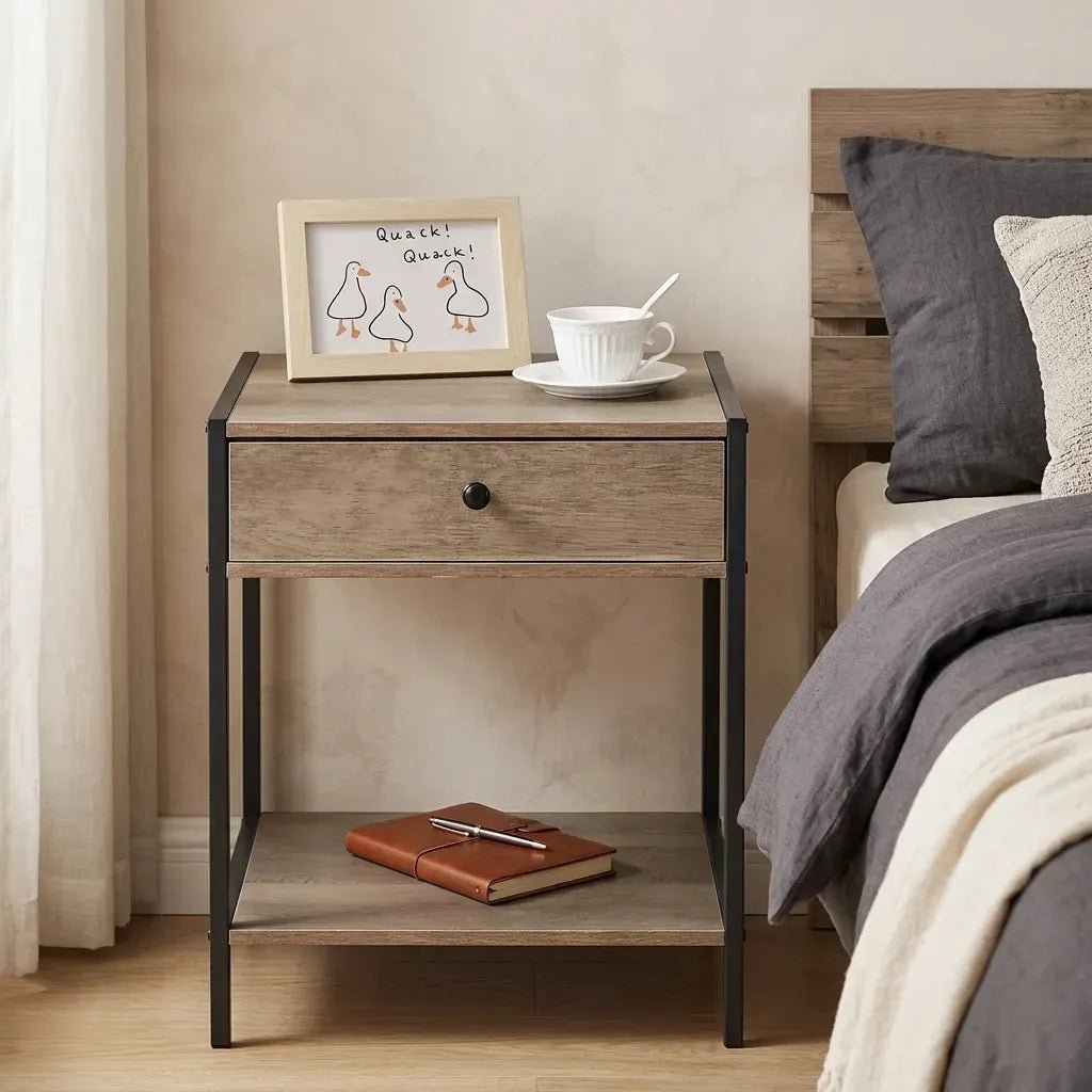 Rustic Steel Frame Bedside Table with Drawer and Shelf - Brown - Furniture > Bedroom > Bedside Tables - Rivercity House & Home Co. (ABN 18 642 972 209) - Affordable Modern Furniture Australia