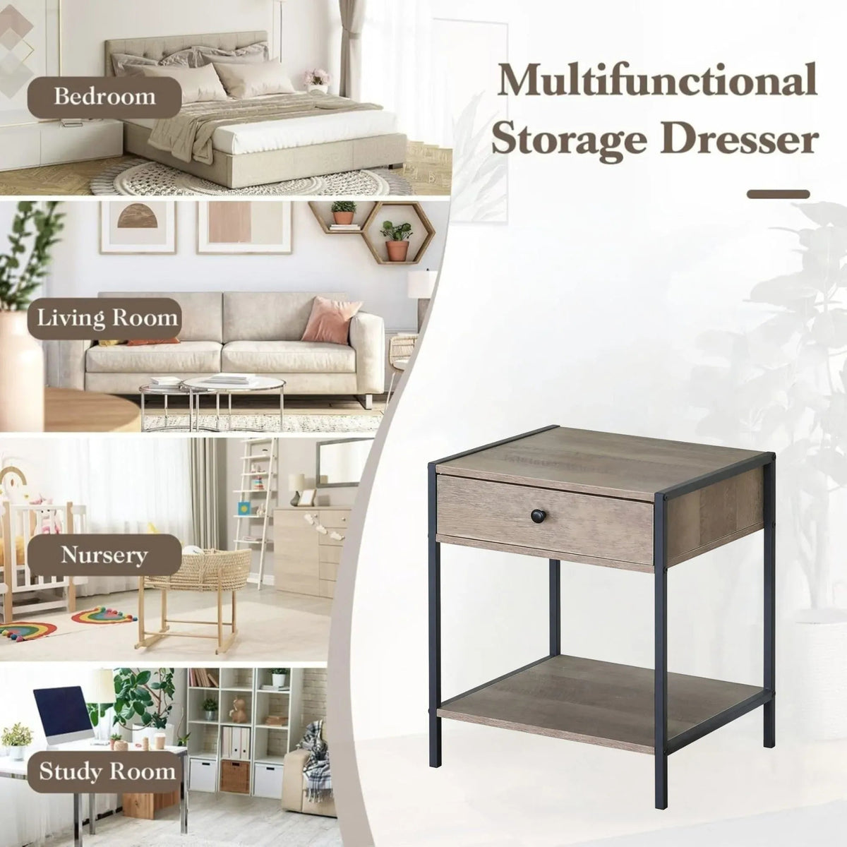 Rustic Steel Frame Bedside Table with Drawer and Shelf - Brown - Furniture > Bedroom > Bedside Tables - Rivercity House & Home Co. (ABN 18 642 972 209) - Affordable Modern Furniture Australia