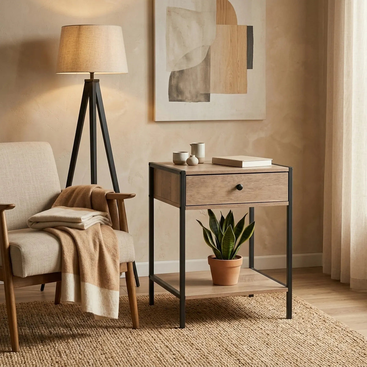 Rustic Steel Frame Bedside Table with Drawer and Shelf - Brown - Furniture > Bedroom > Bedside Tables - Rivercity House & Home Co. (ABN 18 642 972 209) - Affordable Modern Furniture Australia