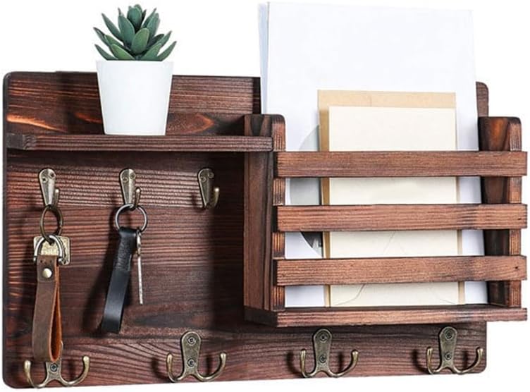 Rustic Wood Wall Mounted Key and Mail Holder Organizer with Shelf, Letter Slot & 6 Hooks for Entryway Decor Home - Home & Garden > Storage > Clothing & Wardrobe Storage - Rivercity House & Home Co. (ABN 18 642 972 209) - Affordable Modern Furniture Australia