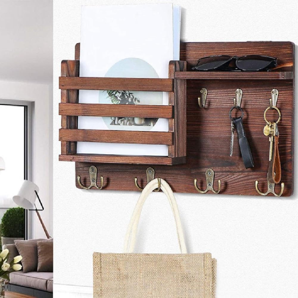 Rustic Wood Wall Mounted Key and Mail Holder Organizer with Shelf, Letter Slot & 6 Hooks for Entryway Decor Home - Home & Garden > Storage > Clothing & Wardrobe Storage - Rivercity House & Home Co. (ABN 18 642 972 209) - Affordable Modern Furniture Australia