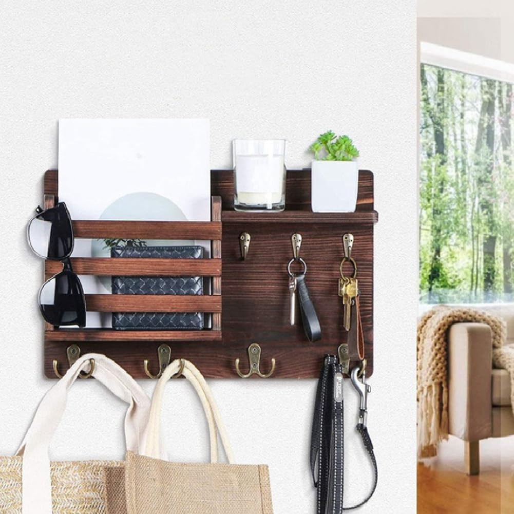 Rustic Wood Wall Mounted Key and Mail Holder Organizer with Shelf, Letter Slot & 6 Hooks for Entryway Decor Home - Home & Garden > Storage > Clothing & Wardrobe Storage - Rivercity House & Home Co. (ABN 18 642 972 209) - Affordable Modern Furniture Australia