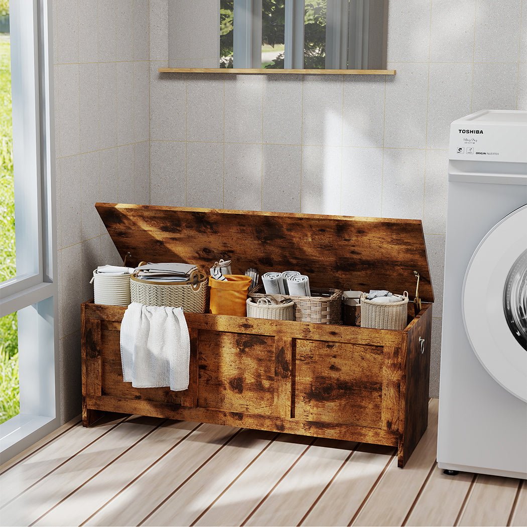 Rustic Wooden Storage Bench Cabinet 100cm x 40cm x 41cm - Rustic Brown - Rivercity House & Home Co. (ABN 18 642 972 209) - Affordable Modern Furniture Australia