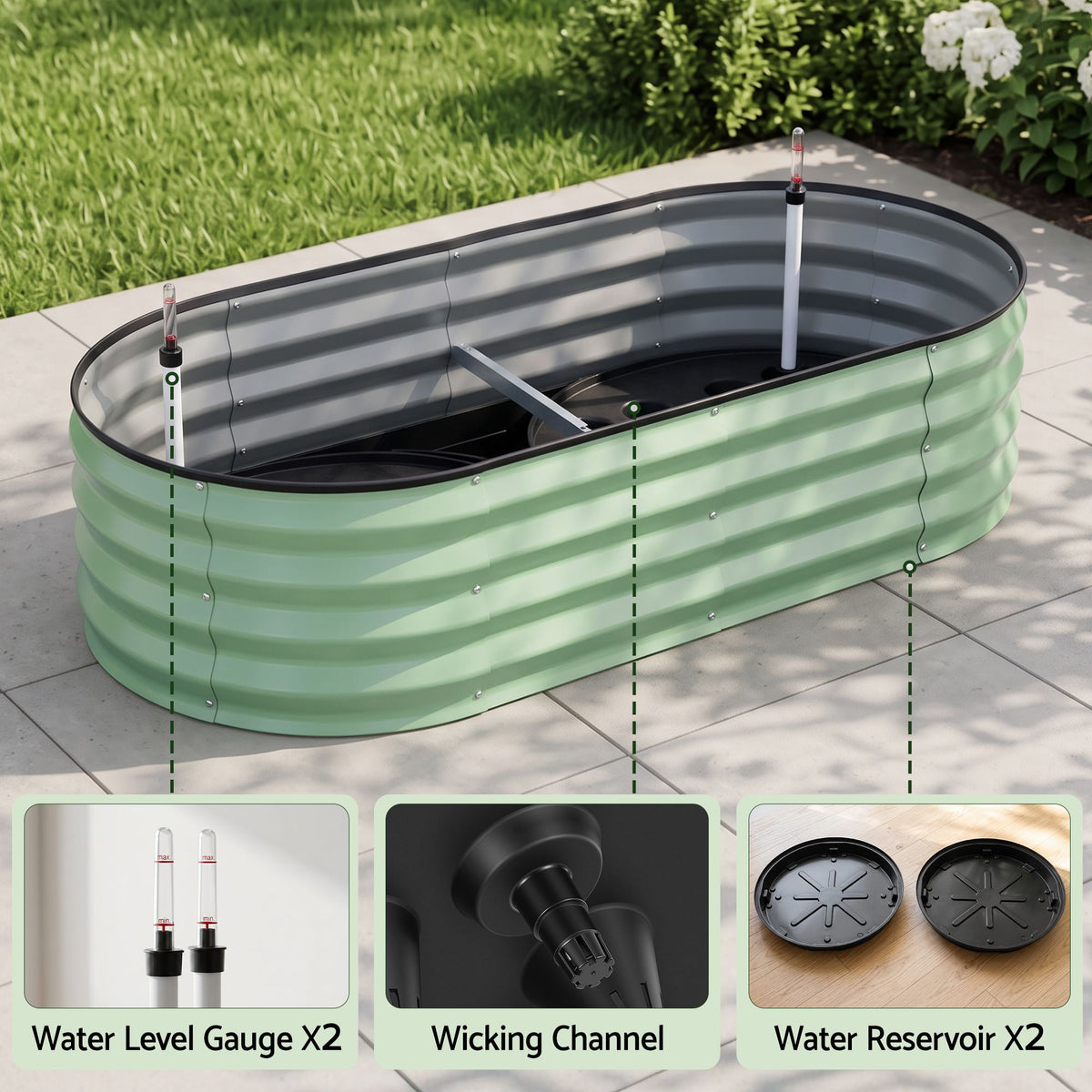 Self Watering Oval Garden Bed 120x60x30cm Galvanised Steel for Balcony Deck - Green - Home & Garden > Garden Beds > Garden Beds & Planters - Rivercity House & Home Co. (ABN 18 642 972 209) - Affordable Modern Furniture Australia