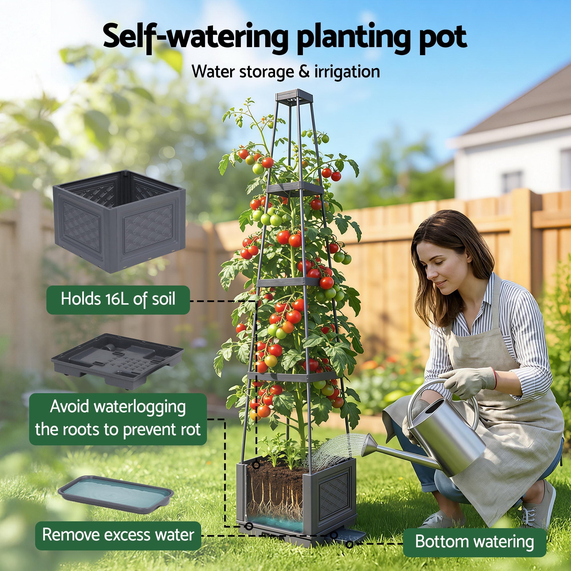 Self Watering Planter with Trellis Adjustable Height Modular Tomato Box 4 Layer 140cm - Home & Garden > Garden Beds > Garden Beds & Planters - Rivercity House & Home Co. (ABN 18 642 972 209) - Affordable Modern Furniture Australia