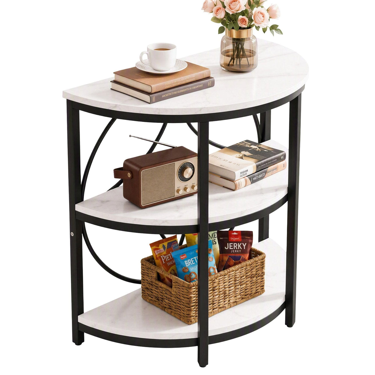 Semi-Circle 3 Tier Coffee Table Side End Table with Marble Effect Top - White & Black - Furniture > Living Room > Coffee Tables - Rivercity House & Home Co. (ABN 18 642 972 209) - Affordable Modern Furniture Australia