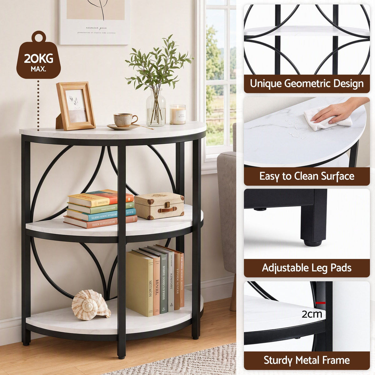 Semi-Circle 3 Tier Coffee Table Side End Table with Marble Effect Top - White & Black - Furniture > Living Room > Coffee Tables - Rivercity House & Home Co. (ABN 18 642 972 209) - Affordable Modern Furniture Australia
