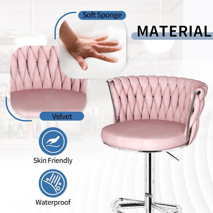 Set of 2 Adjustable Height Velvet Swivel Counter Stools with Silver Metal Frame - Pink - Furniture > Bar Stools & Chairs > Table & Bar Stools - Rivercity House & Home Co. (ABN 18 642 972 209) - Affordable Modern Furniture Australia