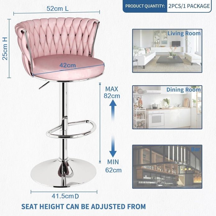 Set of 2 Adjustable Height Velvet Swivel Counter Stools with Silver Metal Frame - Pink - Furniture > Bar Stools & Chairs > Table & Bar Stools - Rivercity House & Home Co. (ABN 18 642 972 209) - Affordable Modern Furniture Australia