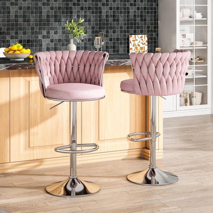 Set of 2 Adjustable Height Velvet Swivel Counter Stools with Silver Metal Frame - Pink - Furniture > Bar Stools & Chairs > Table & Bar Stools - Rivercity House & Home Co. (ABN 18 642 972 209) - Affordable Modern Furniture Australia