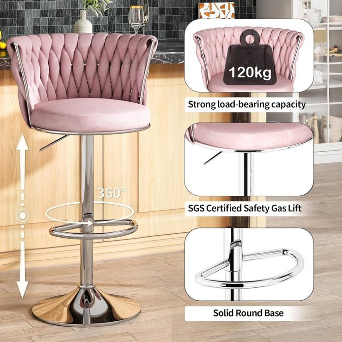Set of 2 Adjustable Height Velvet Swivel Counter Stools with Silver Metal Frame - Pink - Furniture > Bar Stools & Chairs > Table & Bar Stools - Rivercity House & Home Co. (ABN 18 642 972 209) - Affordable Modern Furniture Australia