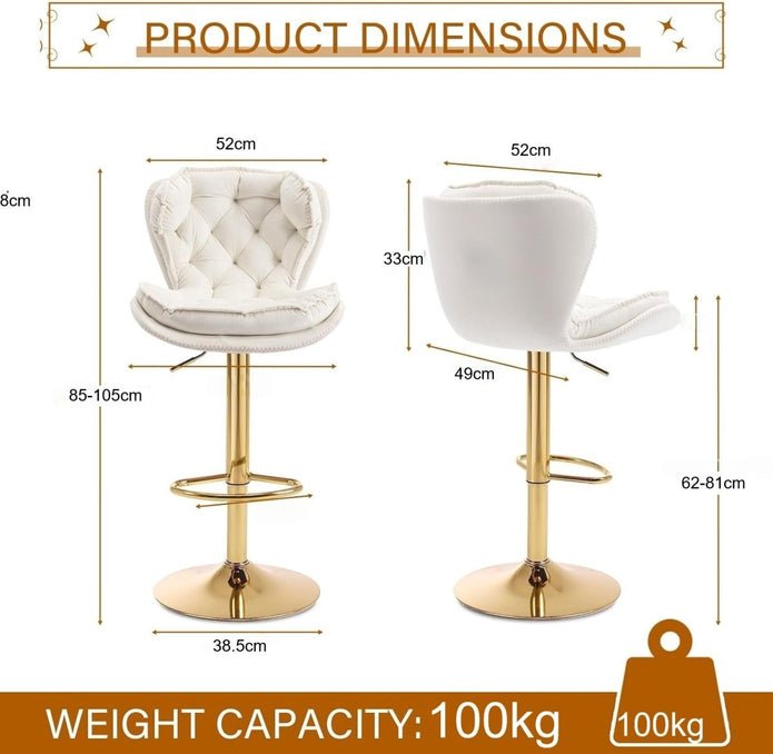 Set of 2 Adjustable Swivel Velvet Bar Stools with Back for Counter Height Kitchen Island - Ivory - Furniture > Bar Stools & Chairs > Table & Bar Stools - Rivercity House & Home Co. (ABN 18 642 972 209) - Affordable Modern Furniture Australia
