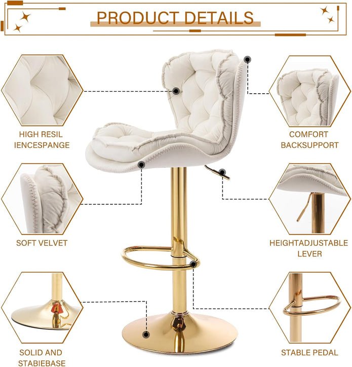 Set of 2 Adjustable Swivel Velvet Bar Stools with Back for Counter Height Kitchen Island - Ivory - Furniture > Bar Stools & Chairs > Table & Bar Stools - Rivercity House & Home Co. (ABN 18 642 972 209) - Affordable Modern Furniture Australia