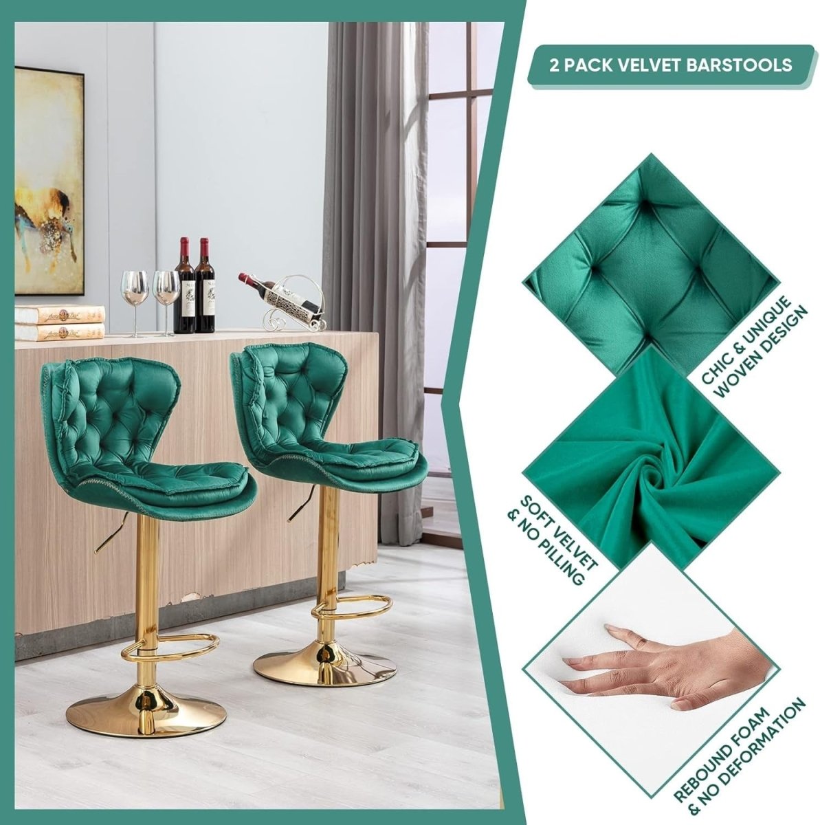Set of 2 Adjustable Swivel Velvet Bar Stools with Back Mid Century Modern Counter Height - Emerald Green - Furniture > Bar Stools & Chairs > Table & Bar Stools - Rivercity House & Home Co. (ABN 18 642 972 209) - Affordable Modern Furniture Australia