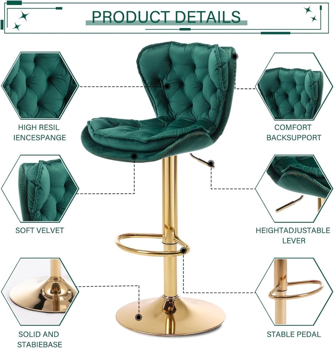 Set of 2 Adjustable Swivel Velvet Bar Stools with Back Mid Century Modern Counter Height - Emerald Green - Furniture > Bar Stools & Chairs > Table & Bar Stools - Rivercity House & Home Co. (ABN 18 642 972 209) - Affordable Modern Furniture Australia