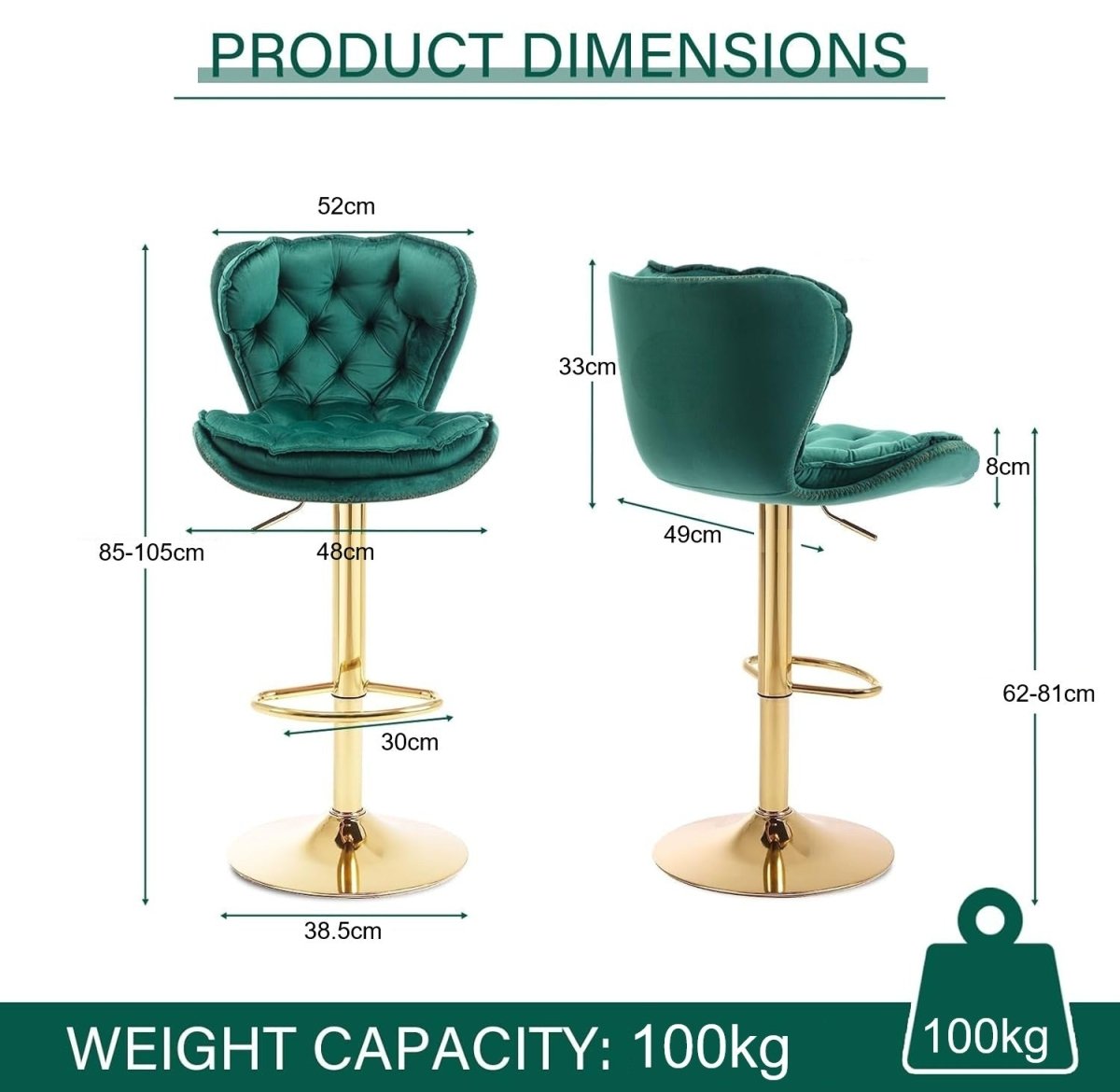 Set of 2 Adjustable Swivel Velvet Bar Stools with Back Mid Century Modern Counter Height - Emerald Green - Furniture > Bar Stools & Chairs > Table & Bar Stools - Rivercity House & Home Co. (ABN 18 642 972 209) - Affordable Modern Furniture Australia