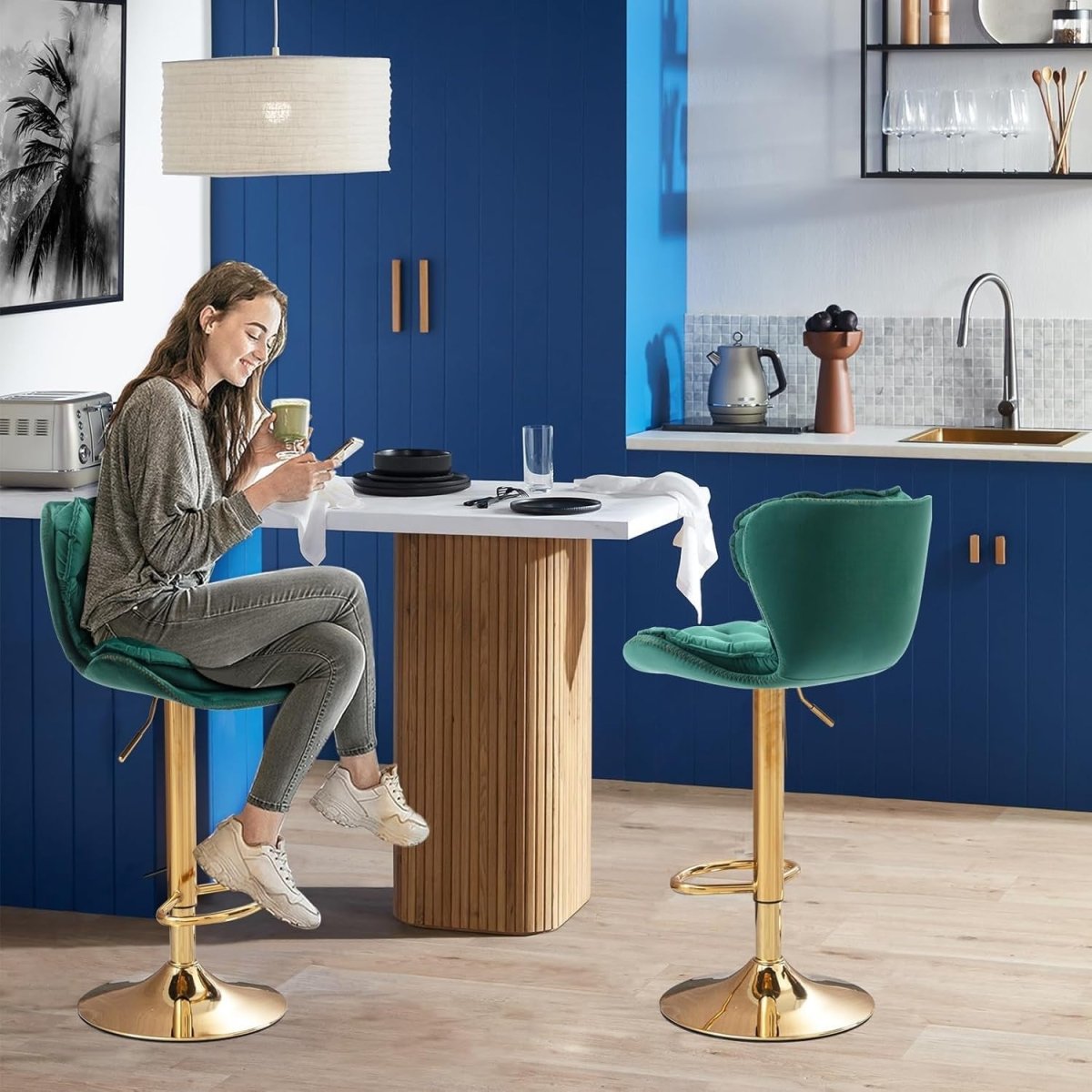 Set of 2 Adjustable Swivel Velvet Bar Stools with Back Mid Century Modern Counter Height - Emerald Green - Furniture > Bar Stools & Chairs > Table & Bar Stools - Rivercity House & Home Co. (ABN 18 642 972 209) - Affordable Modern Furniture Australia