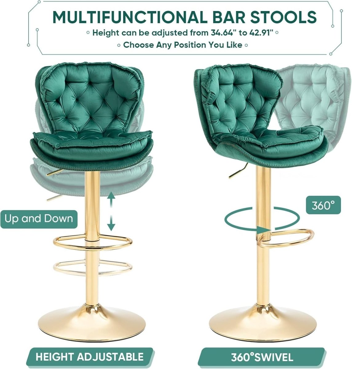 Set of 2 Adjustable Swivel Velvet Bar Stools with Back Mid Century Modern Counter Height - Emerald Green - Furniture > Bar Stools & Chairs > Table & Bar Stools - Rivercity House & Home Co. (ABN 18 642 972 209) - Affordable Modern Furniture Australia