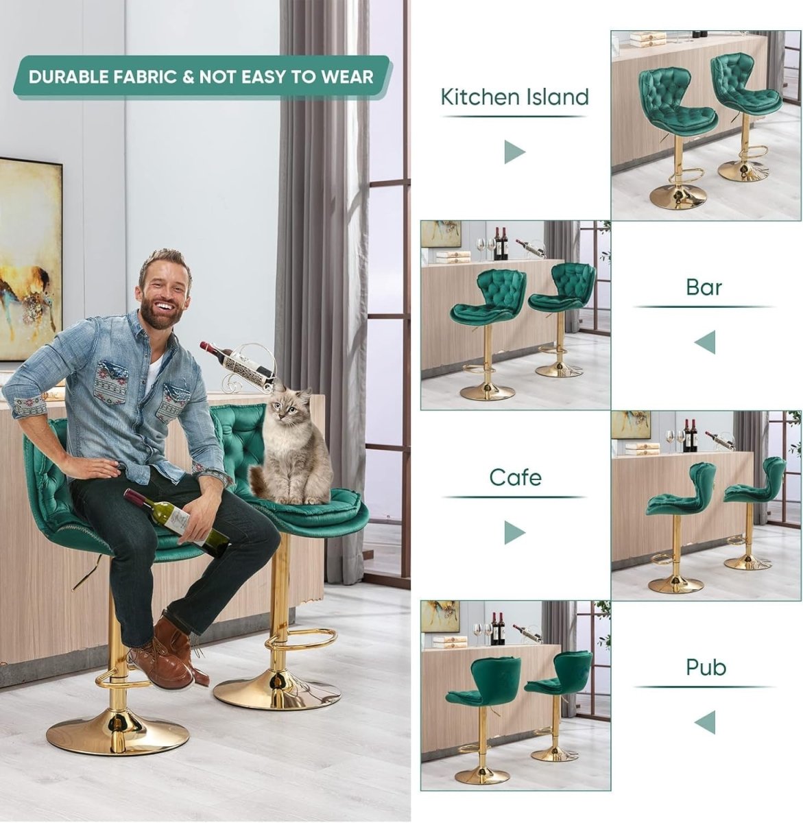 Set of 2 Adjustable Swivel Velvet Bar Stools with Back Mid Century Modern Counter Height - Emerald Green - Furniture > Bar Stools & Chairs > Table & Bar Stools - Rivercity House & Home Co. (ABN 18 642 972 209) - Affordable Modern Furniture Australia