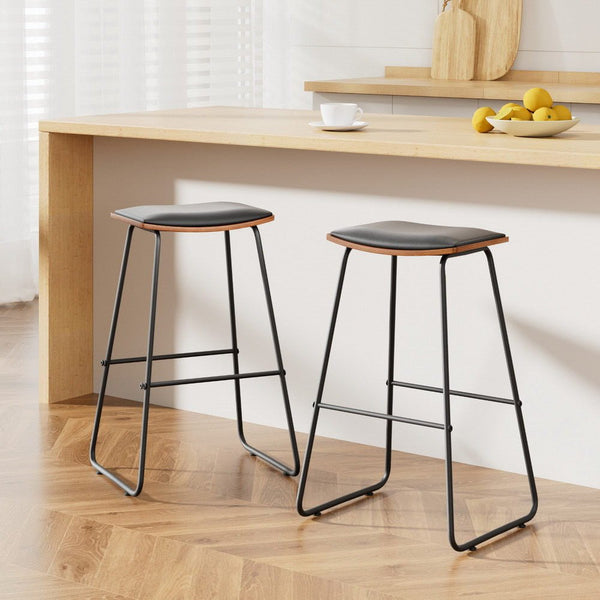 Set of Backless PU Leather Bar Stools Black and Wood