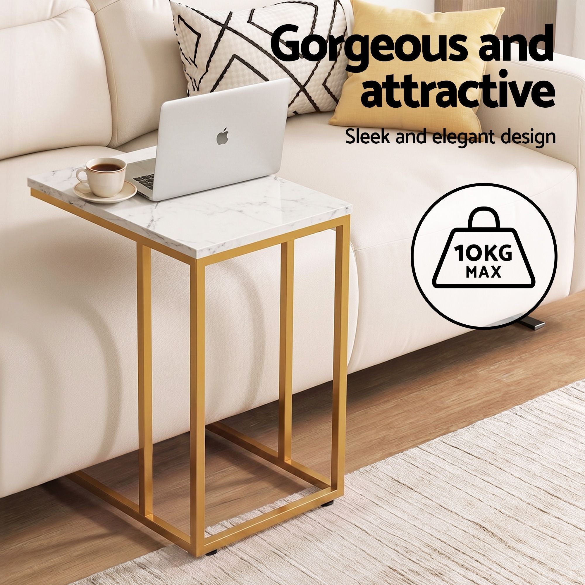 Set of 2 C-Shaped End Tables 45x30x54cm with Faux Marble Top and Gold Metal Frame - White & Gold - Furniture > Living Room > Coffee Tables - Rivercity House & Home Co. (ABN 18 642 972 209) - Affordable Modern Furniture Australia