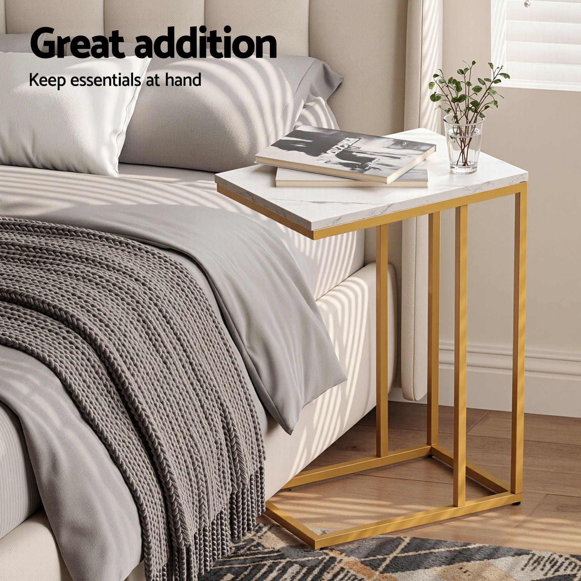 Set of 2 C-Shaped End Tables 45x30x54cm with Faux Marble Top and Gold Metal Frame - White & Gold - Furniture > Living Room > Coffee Tables - Rivercity House & Home Co. (ABN 18 642 972 209) - Affordable Modern Furniture Australia