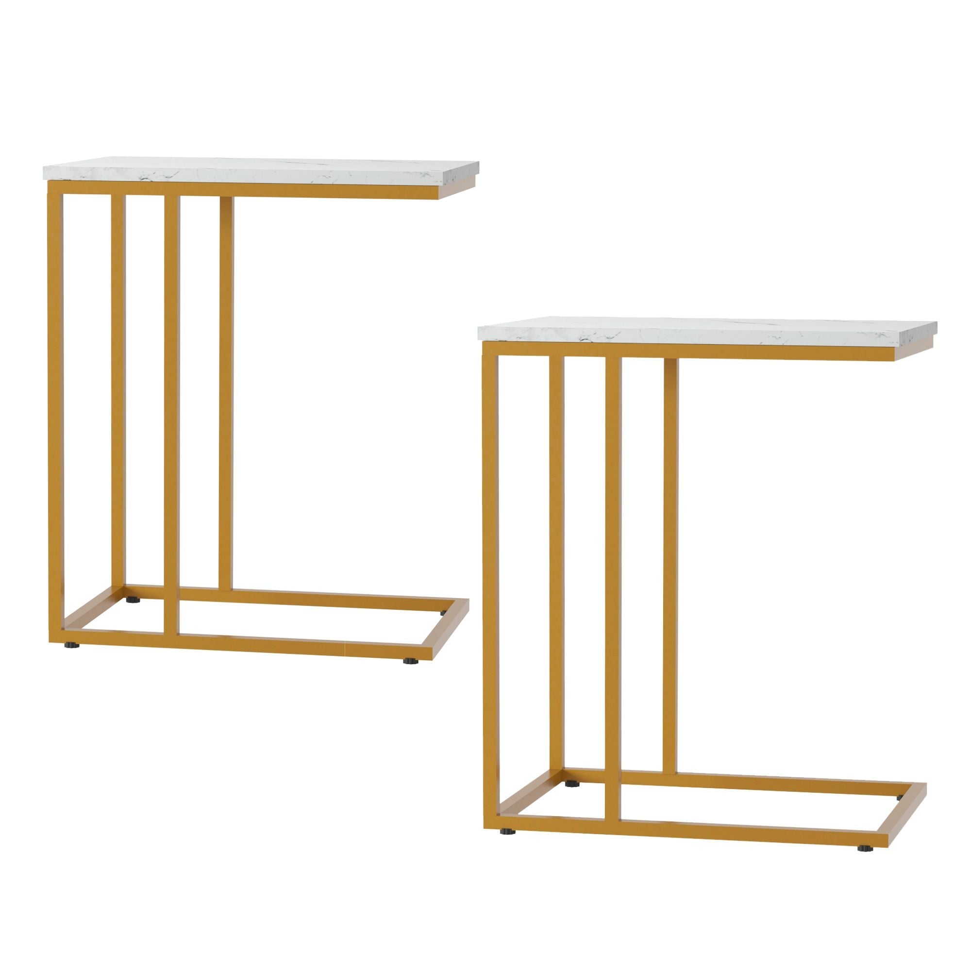 Set of 2 C-Shaped End Tables 45x30x54cm with Faux Marble Top and Gold Metal Frame - White & Gold - Furniture > Living Room > Coffee Tables - Rivercity House & Home Co. (ABN 18 642 972 209) - Affordable Modern Furniture Australia