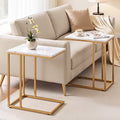 Set of 2 C-Shaped End Tables 45x30x54cm with Faux Marble Top and Gold Metal Frame - White & Gold