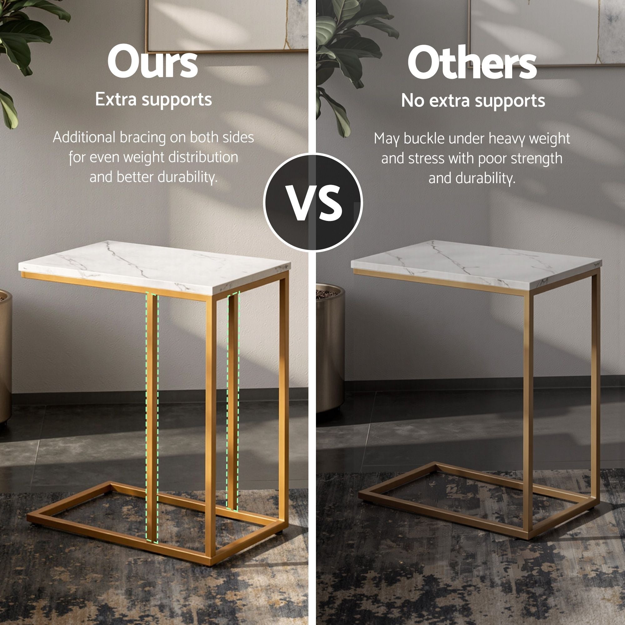 Set of 2 C-Shaped End Tables 45x30x54cm with Faux Marble Top and Gold Metal Frame - White & Gold - Furniture > Living Room > Coffee Tables - Rivercity House & Home Co. (ABN 18 642 972 209) - Affordable Modern Furniture Australia