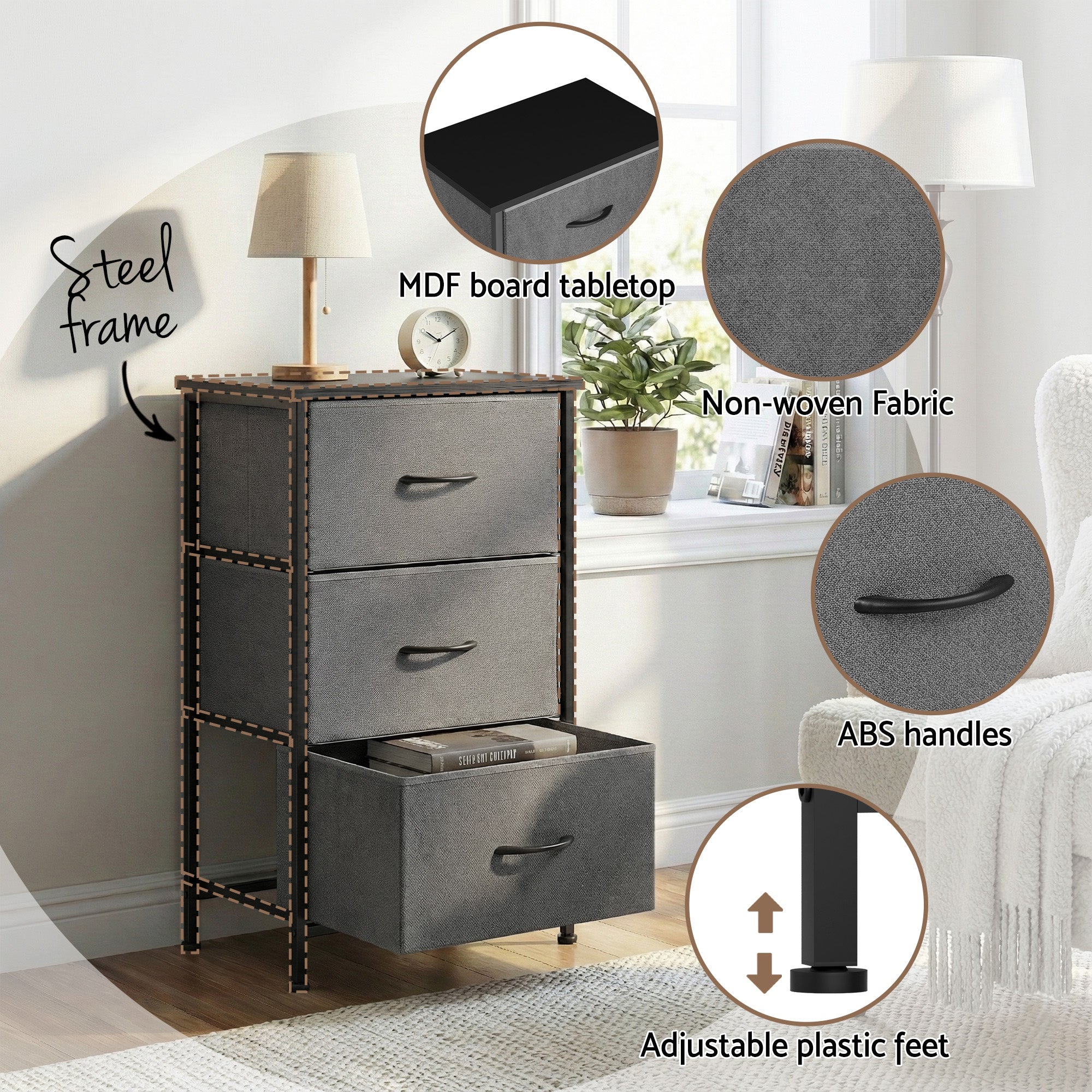 Set of 2 Chest of 3 Drawers Storage Dresser Tallboy Grey - Furniture > Bedroom > Dressers - Rivercity House & Home Co. (ABN 18 642 972 209) - Affordable Modern Furniture Australia