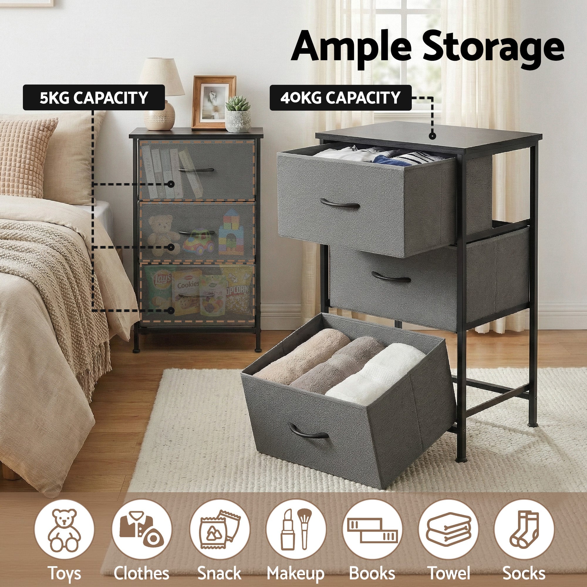 Set of 2 Chest of 3 Drawers Storage Dresser Tallboy Grey - Furniture > Bedroom > Dressers - Rivercity House & Home Co. (ABN 18 642 972 209) - Affordable Modern Furniture Australia
