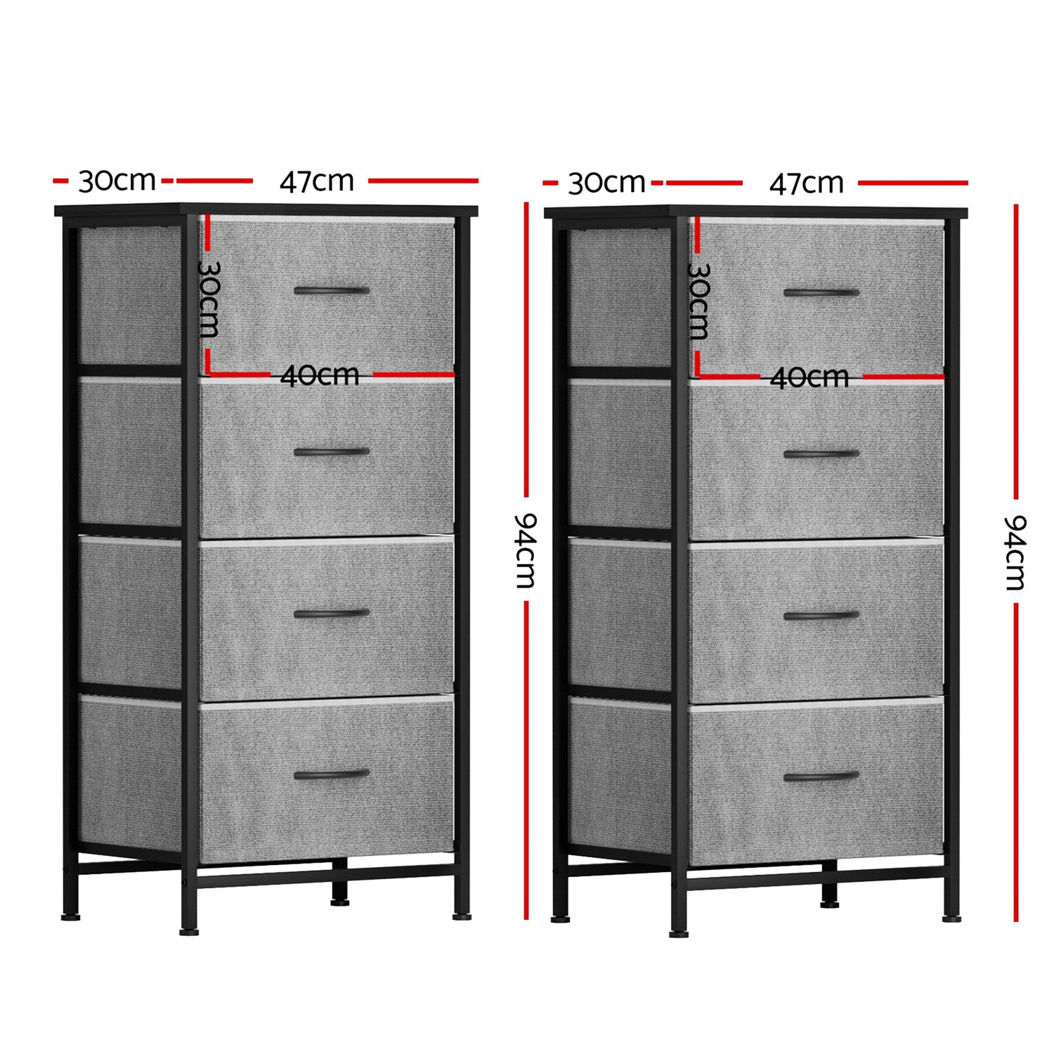 Set of 2 Chest of 4 Drawers Storage Dresser Tallboy Grey - Furniture > Bedroom > Dressers - Rivercity House & Home Co. (ABN 18 642 972 209) - Affordable Modern Furniture Australia