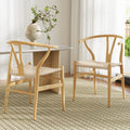 Set of 2 Dining Chairs Wooden Rattan Seat Wishbone Back