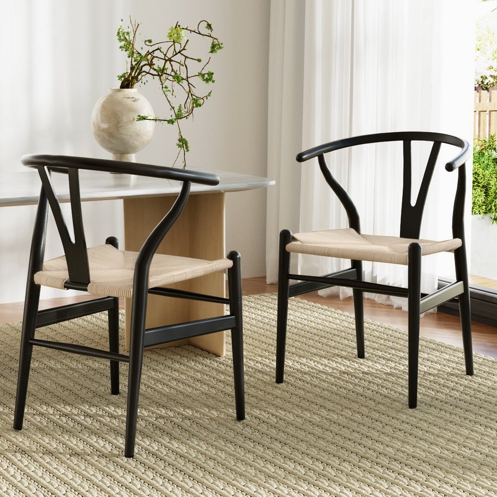 Set of 2 Dining Chairs Wooden Rattan Wishbone Black - Furniture > Dining > Kitchen & Dining Chairs - Rivercity House & Home Co. (ABN 18 642 972 209) - Affordable Modern Furniture Australia