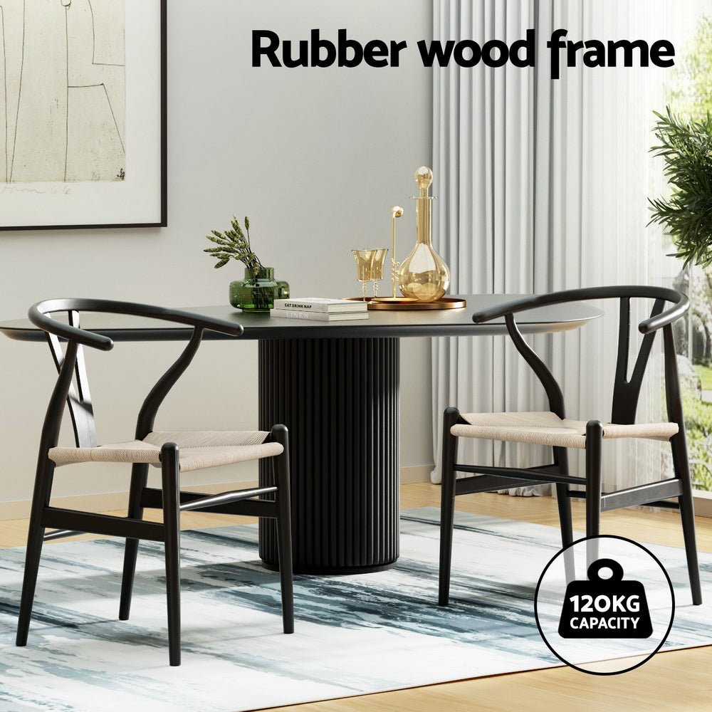 Set of 2 Dining Chairs Wooden Rattan Wishbone Black - Furniture > Dining > Kitchen & Dining Chairs - Rivercity House & Home Co. (ABN 18 642 972 209) - Affordable Modern Furniture Australia