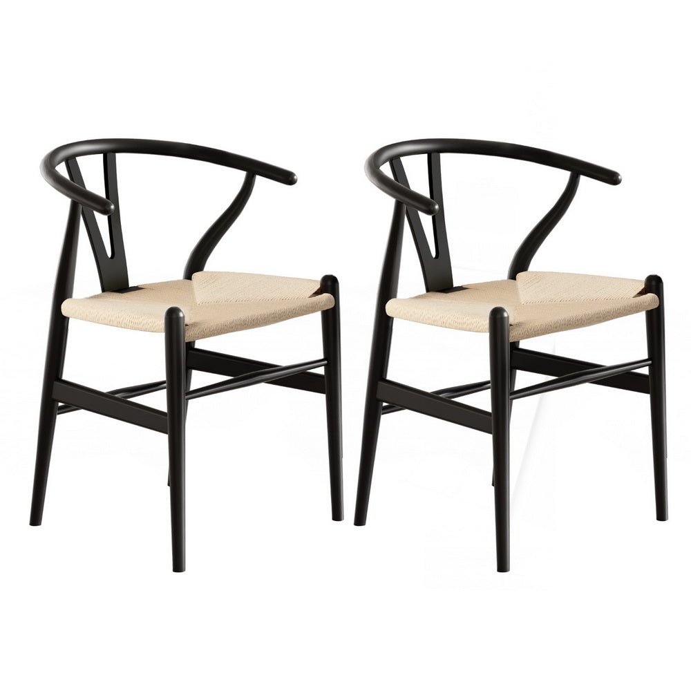 Set of 2 Dining Chairs Wooden Rattan Wishbone Black - Furniture > Dining > Kitchen & Dining Chairs - Rivercity House & Home Co. (ABN 18 642 972 209) - Affordable Modern Furniture Australia