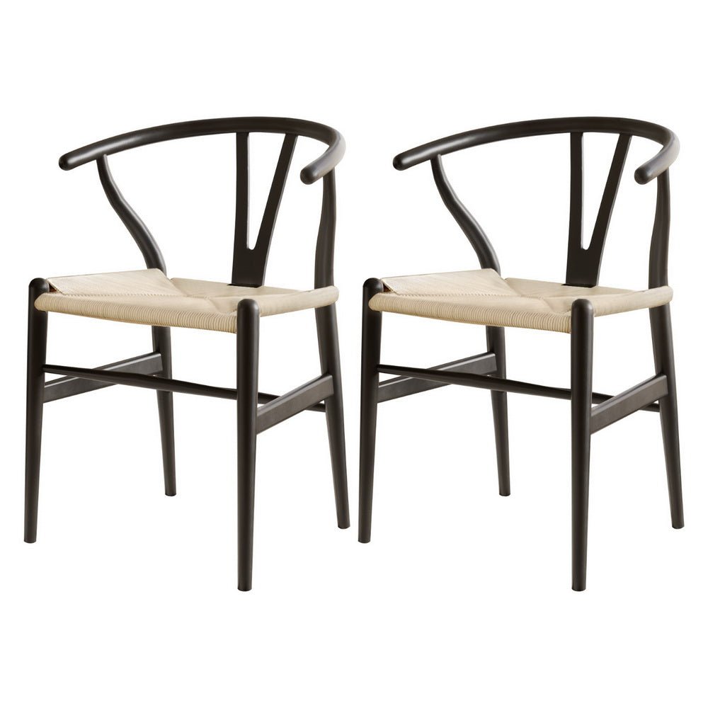 Set of 2 Dining Chairs Wooden Rattan Wishbone Black - Furniture > Dining > Kitchen & Dining Chairs - Rivercity House & Home Co. (ABN 18 642 972 209) - Affordable Modern Furniture Australia